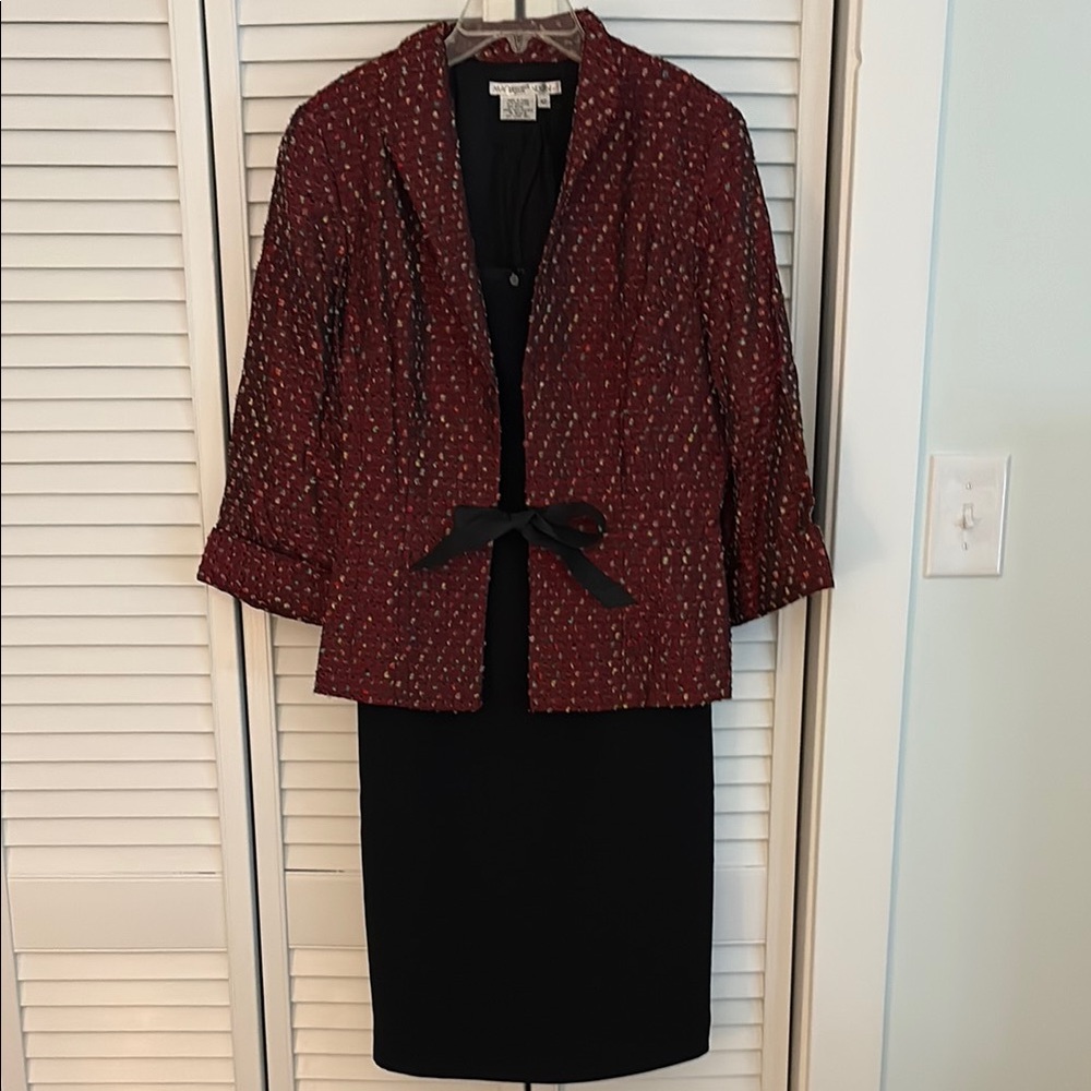 Maggy London Red Tweed Jacket with Black Dress